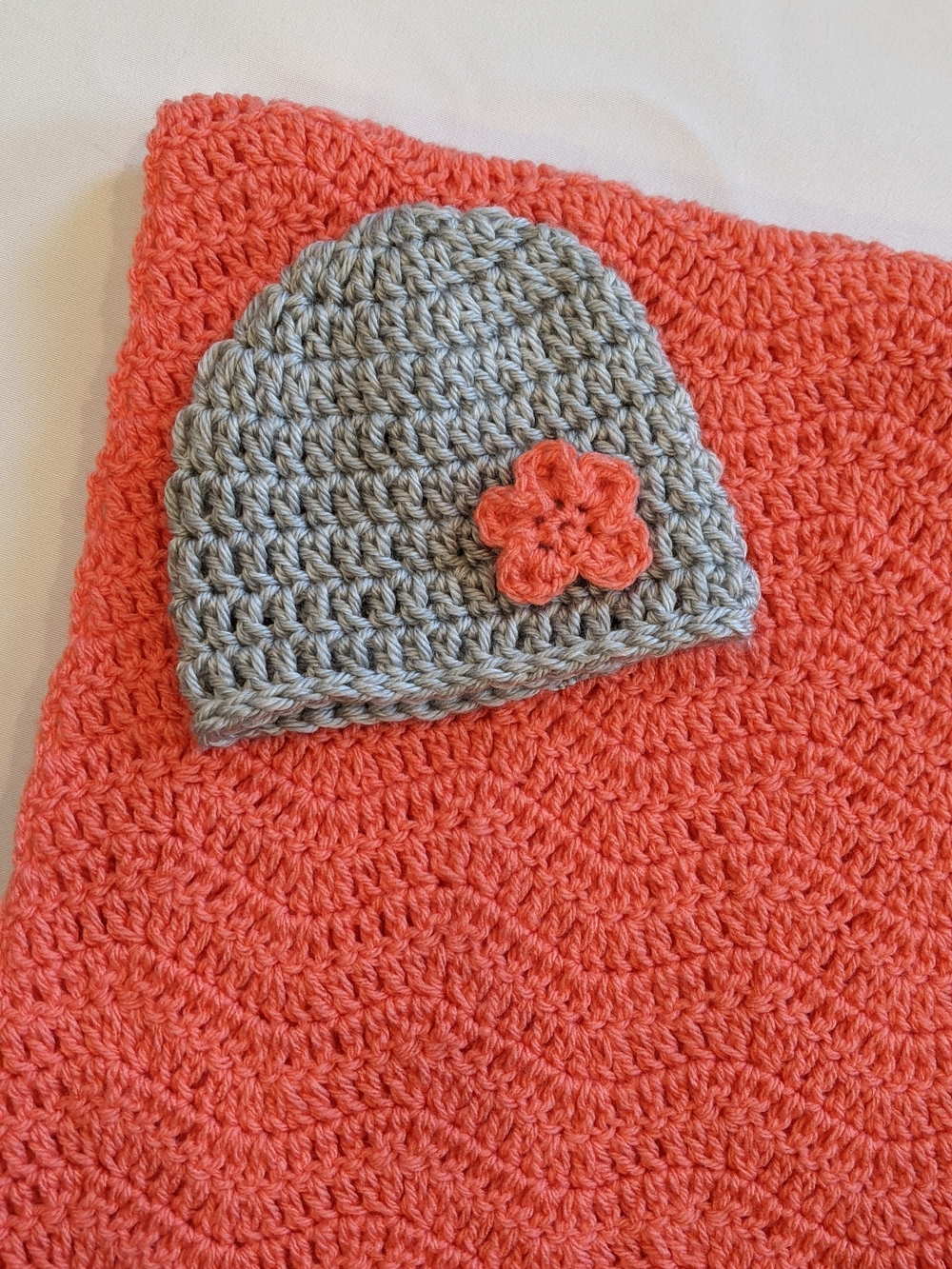 Handmade Baby Crochet Hat and Blanket Set - Gray and Coral